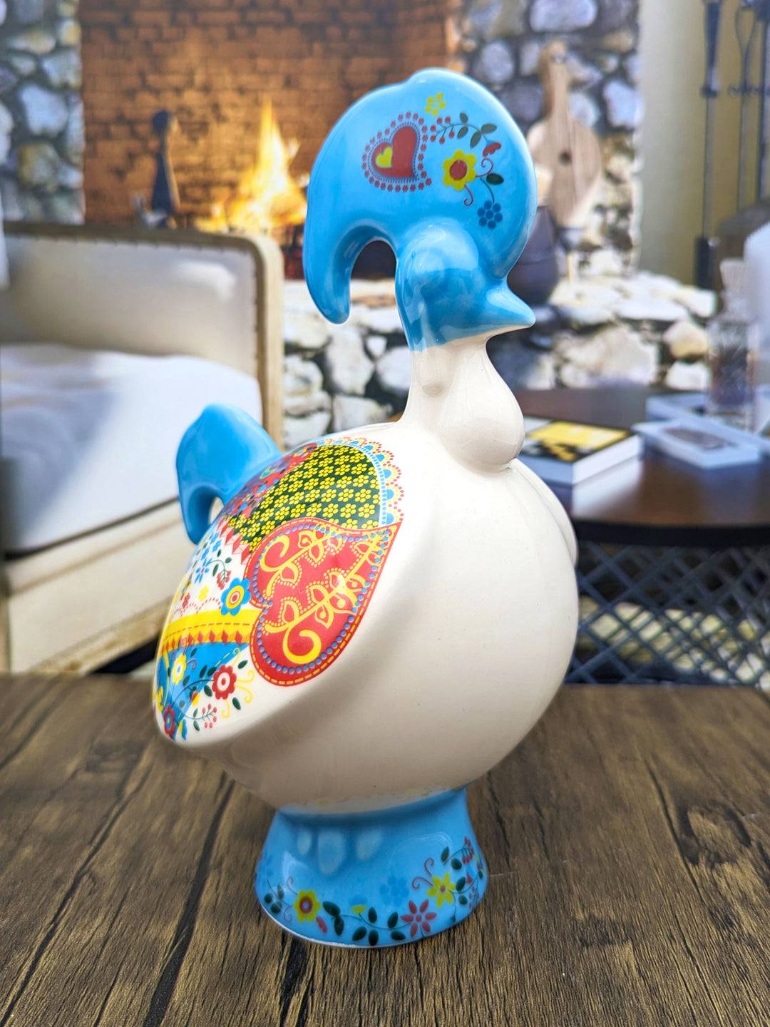 Hand Painted Portuguese Ceramic Rooster Piggy Bank