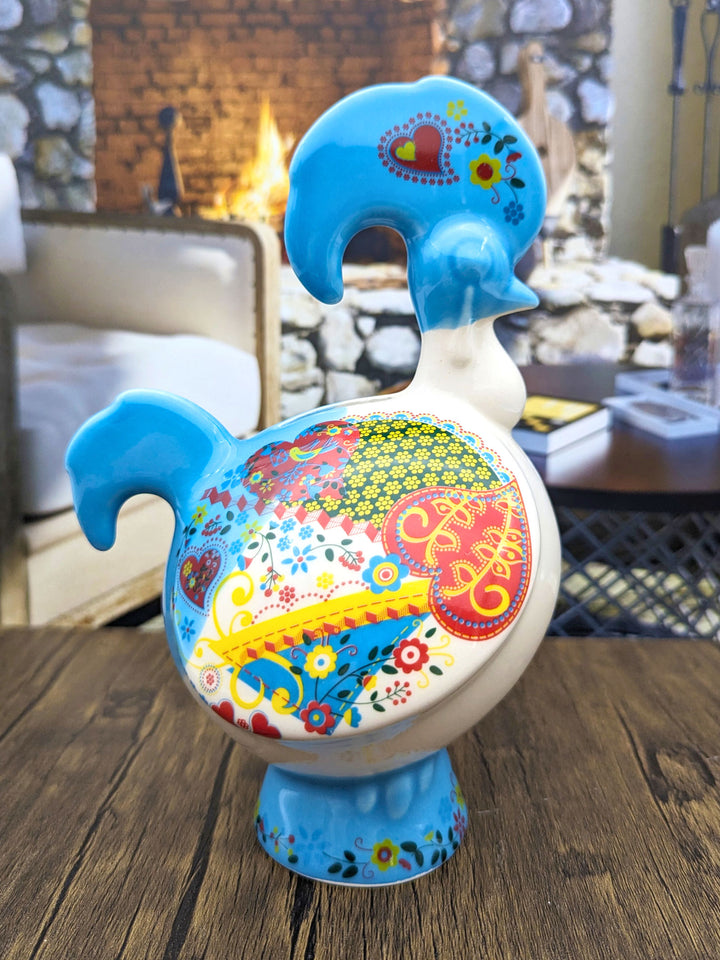Hand Painted Portuguese Ceramic Rooster Piggy Bank