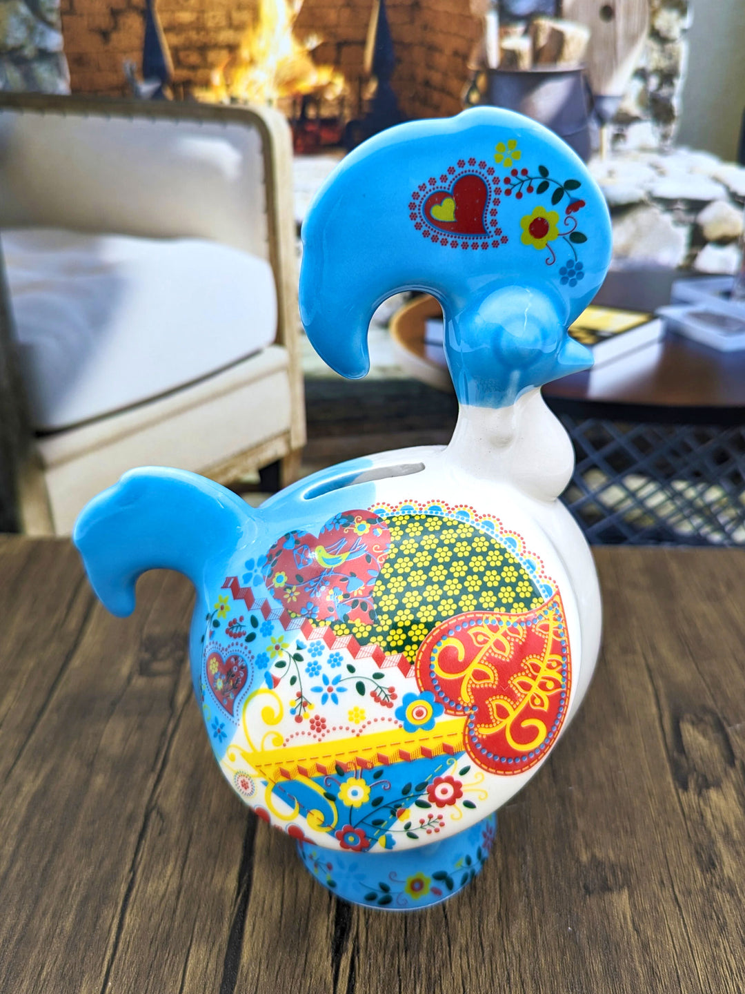 Hand Painted Portuguese Ceramic Rooster Piggy Bank