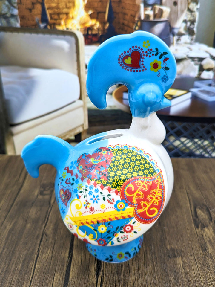 Hand Painted Portuguese Ceramic Rooster Piggy Bank