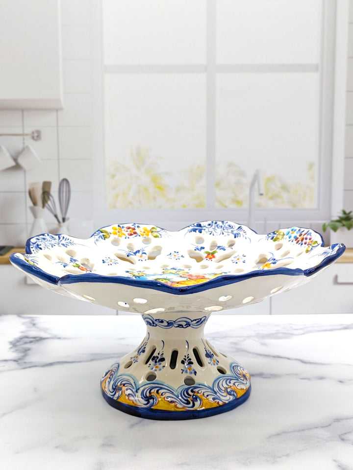 Hand Painted Portuguese Pottery Alcobaça Ceramic Footed Fruit Bowl