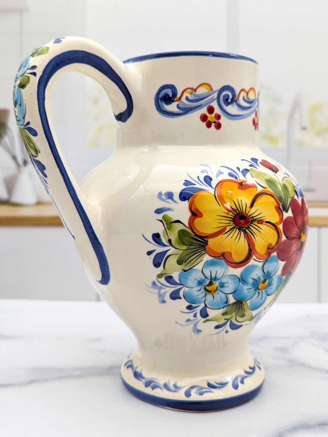 Hand Painted Portuguese Pottery Ceramic Flower Pitcher Vase