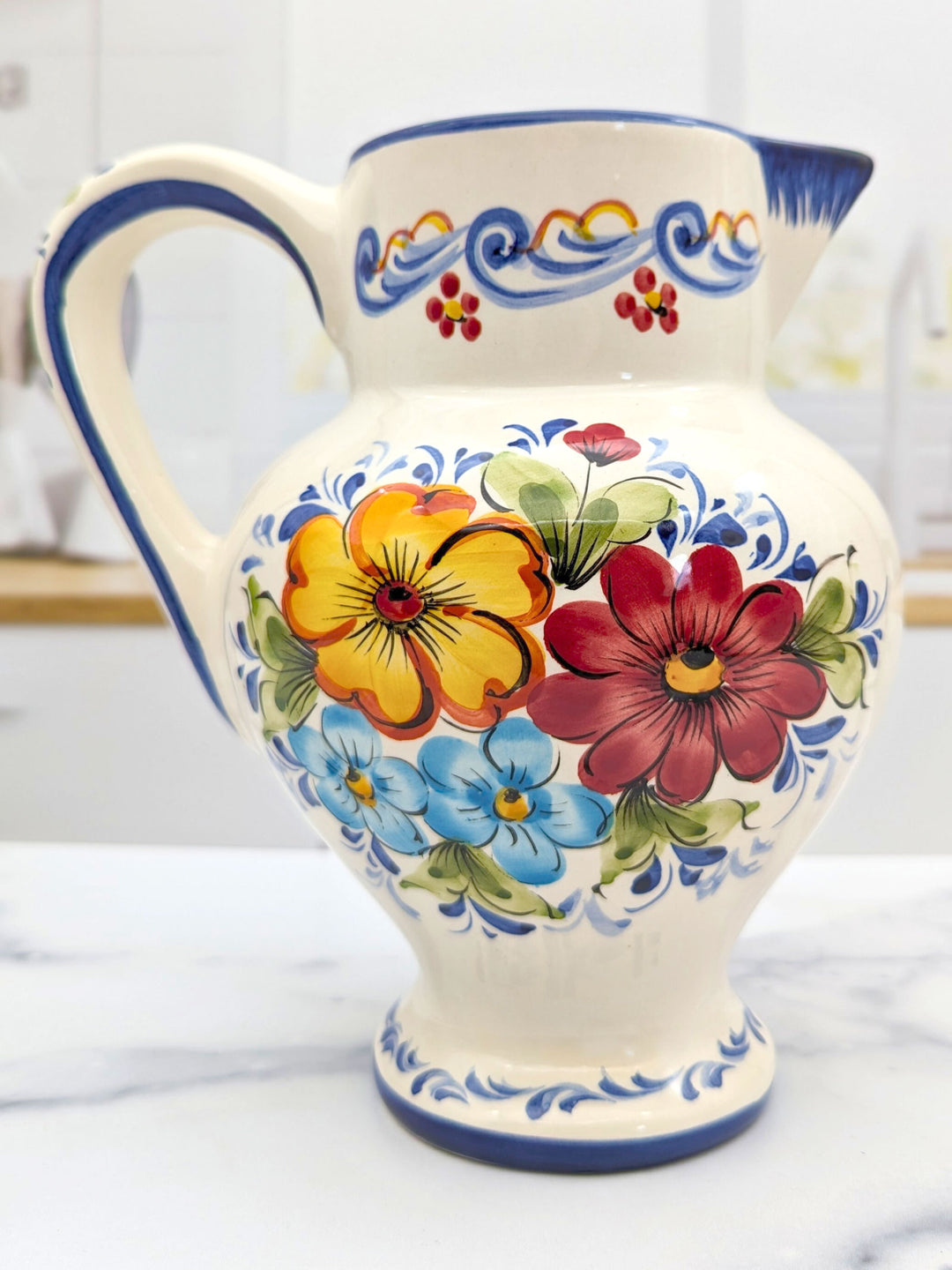 Hand Painted Portuguese Pottery Ceramic Flower Pitcher Vase