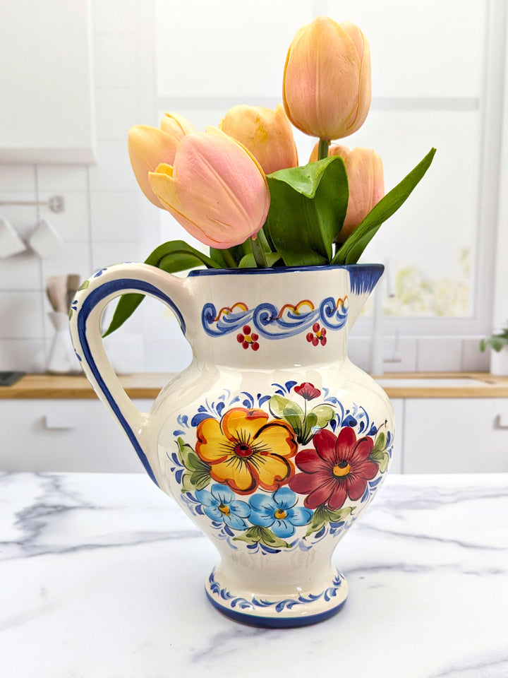 Hand Painted Portuguese Pottery Ceramic Flower Pitcher Vase