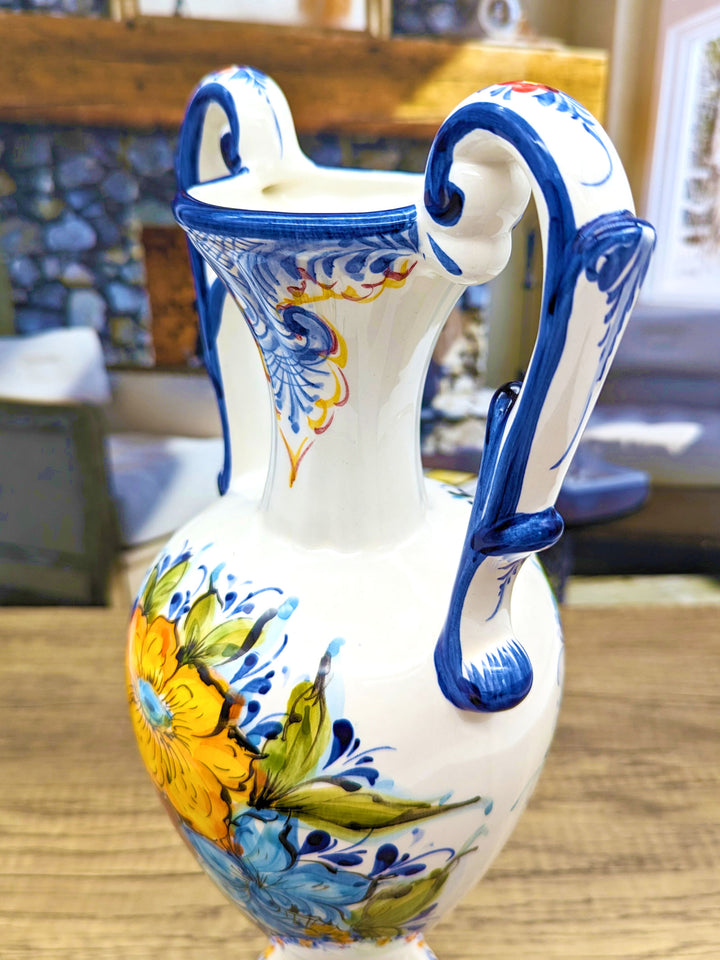 Hand Painted Portuguese Pottery Ceramic Flower Vase with Handles