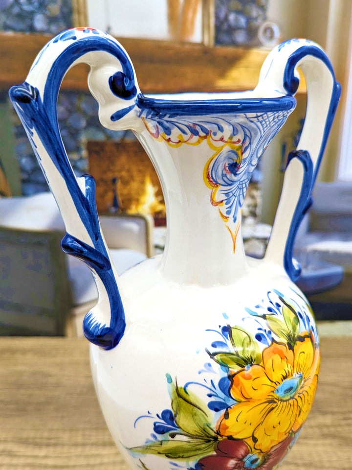 Hand Painted Portuguese Pottery Ceramic Flower Vase with Handles