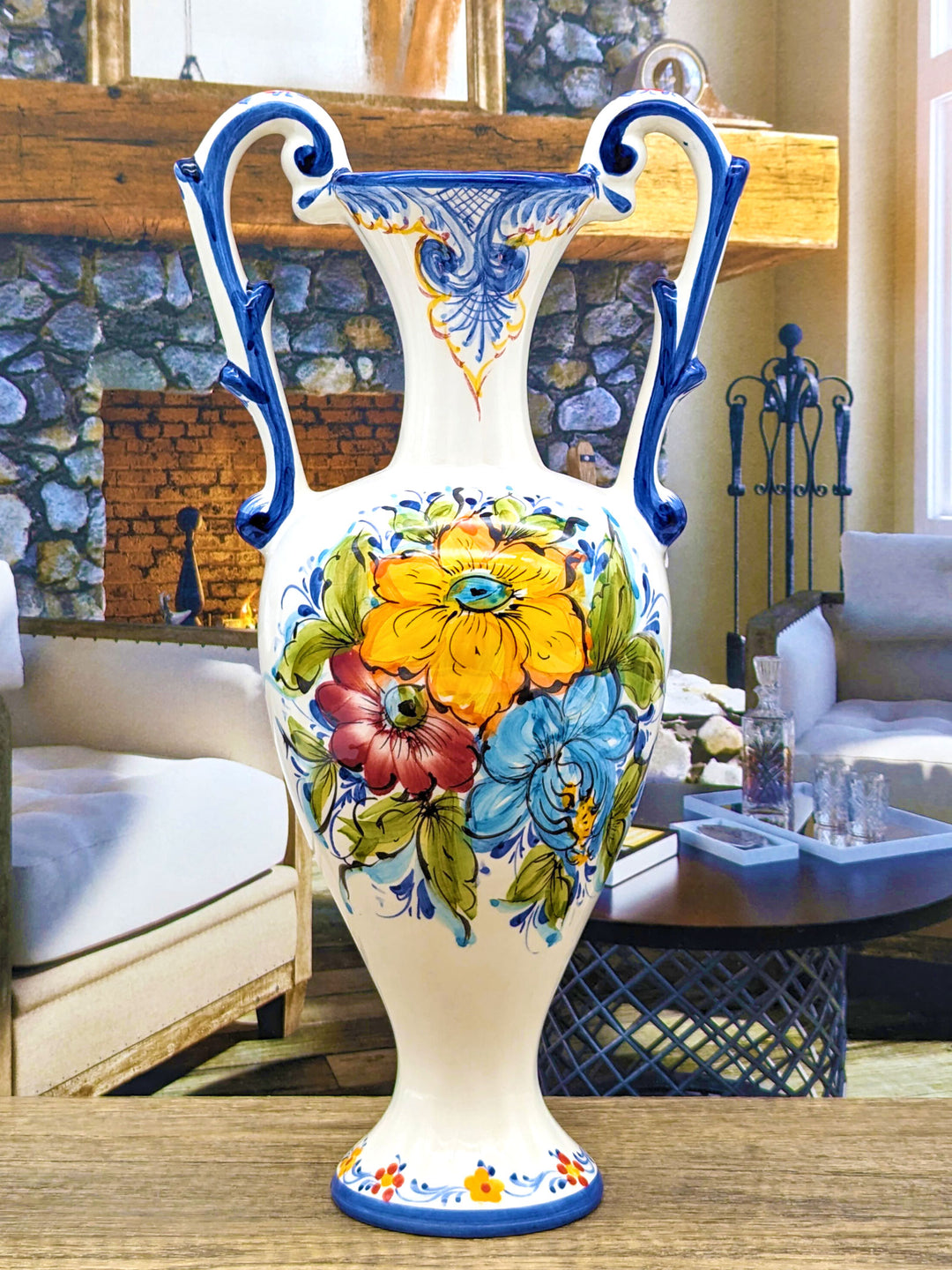 Hand Painted Portuguese Pottery Ceramic Flower Vase with Handles