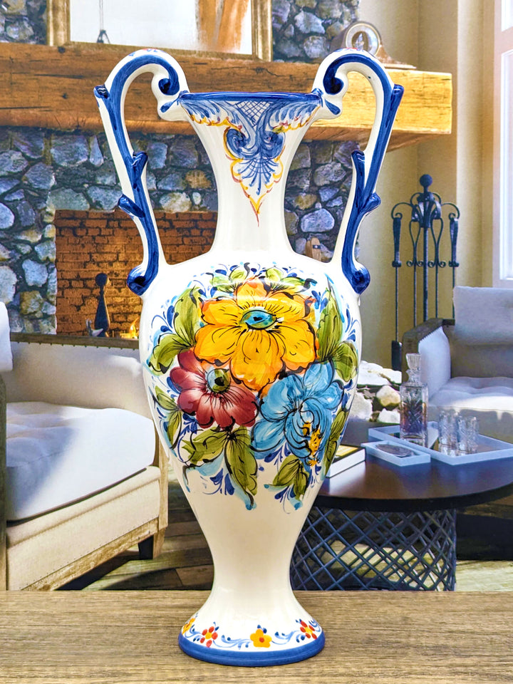 Hand Painted Portuguese Pottery Ceramic Flower Vase with Handles