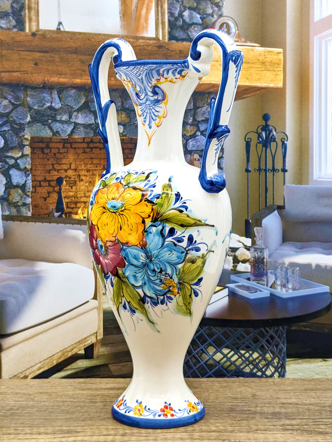 Hand Painted Portuguese Pottery Ceramic Flower Vase with Handles