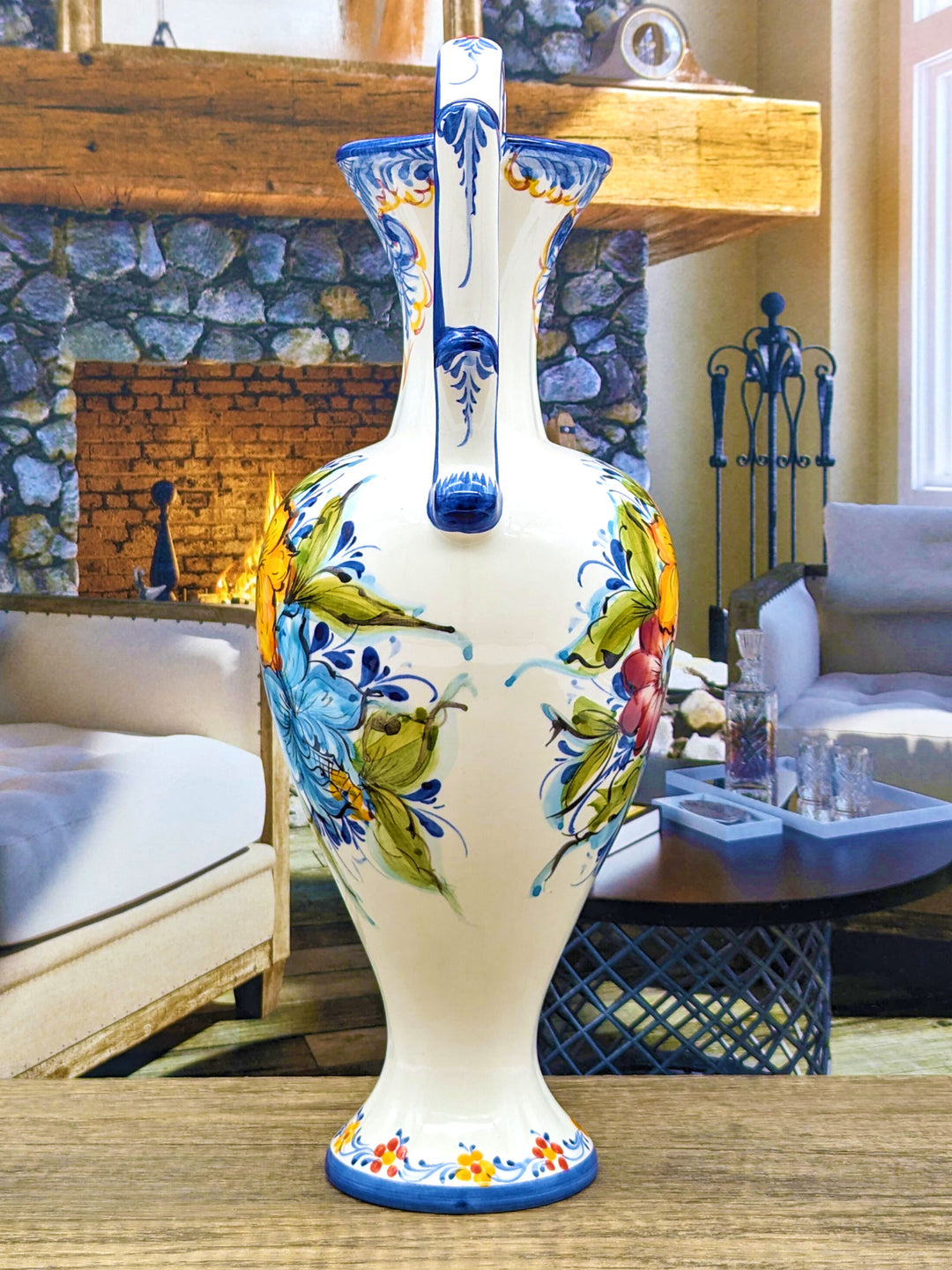 Hand Painted Portuguese Pottery Ceramic Flower Vase with Handles