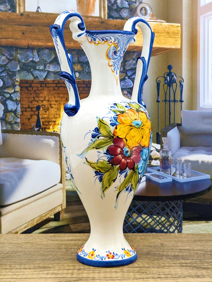 Hand Painted Portuguese Pottery Ceramic Flower Vase with Handles