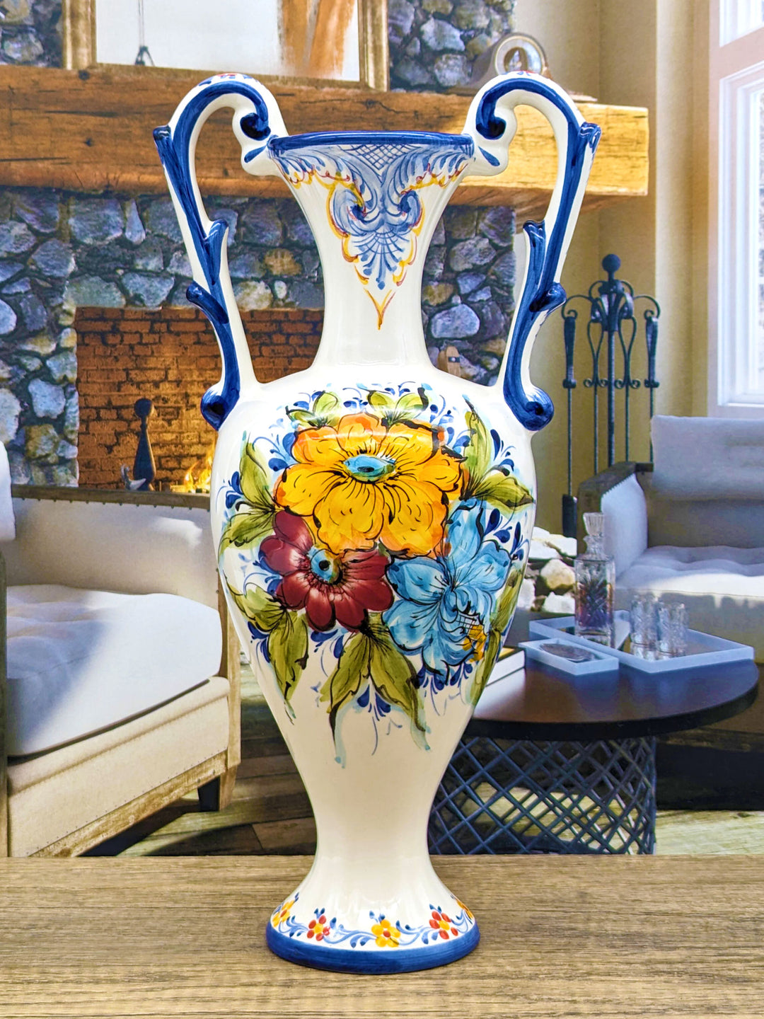Hand Painted Portuguese Pottery Ceramic Flower Vase with Handles
