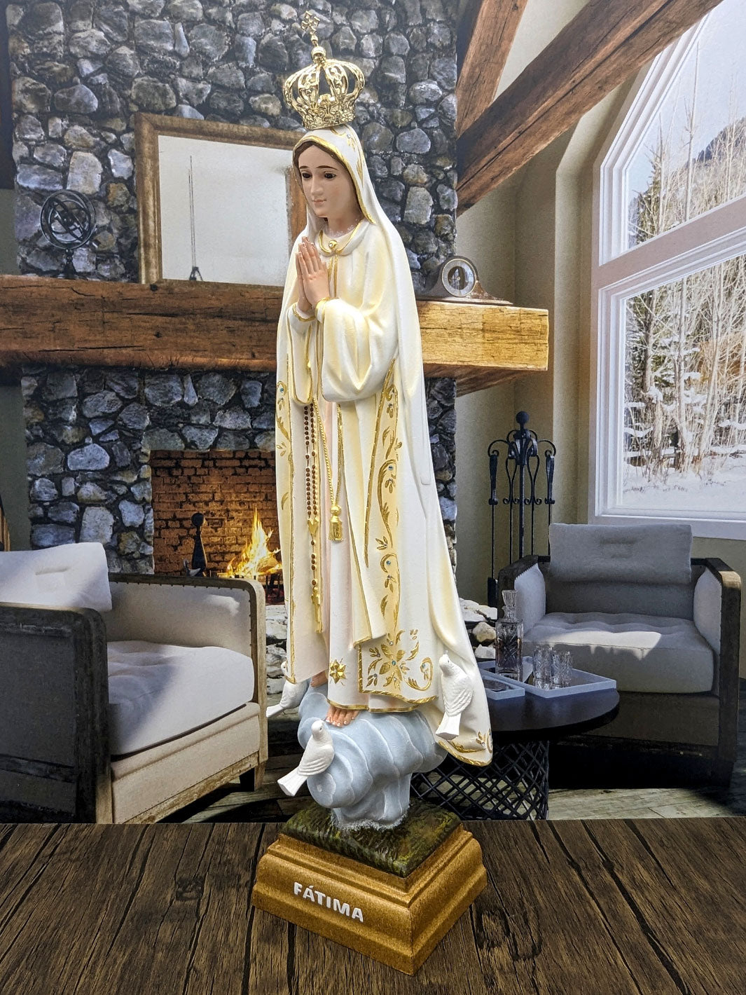 Handcrafted Our Lady of Fatima Statue with Oil Painting and Fine Gold Accents