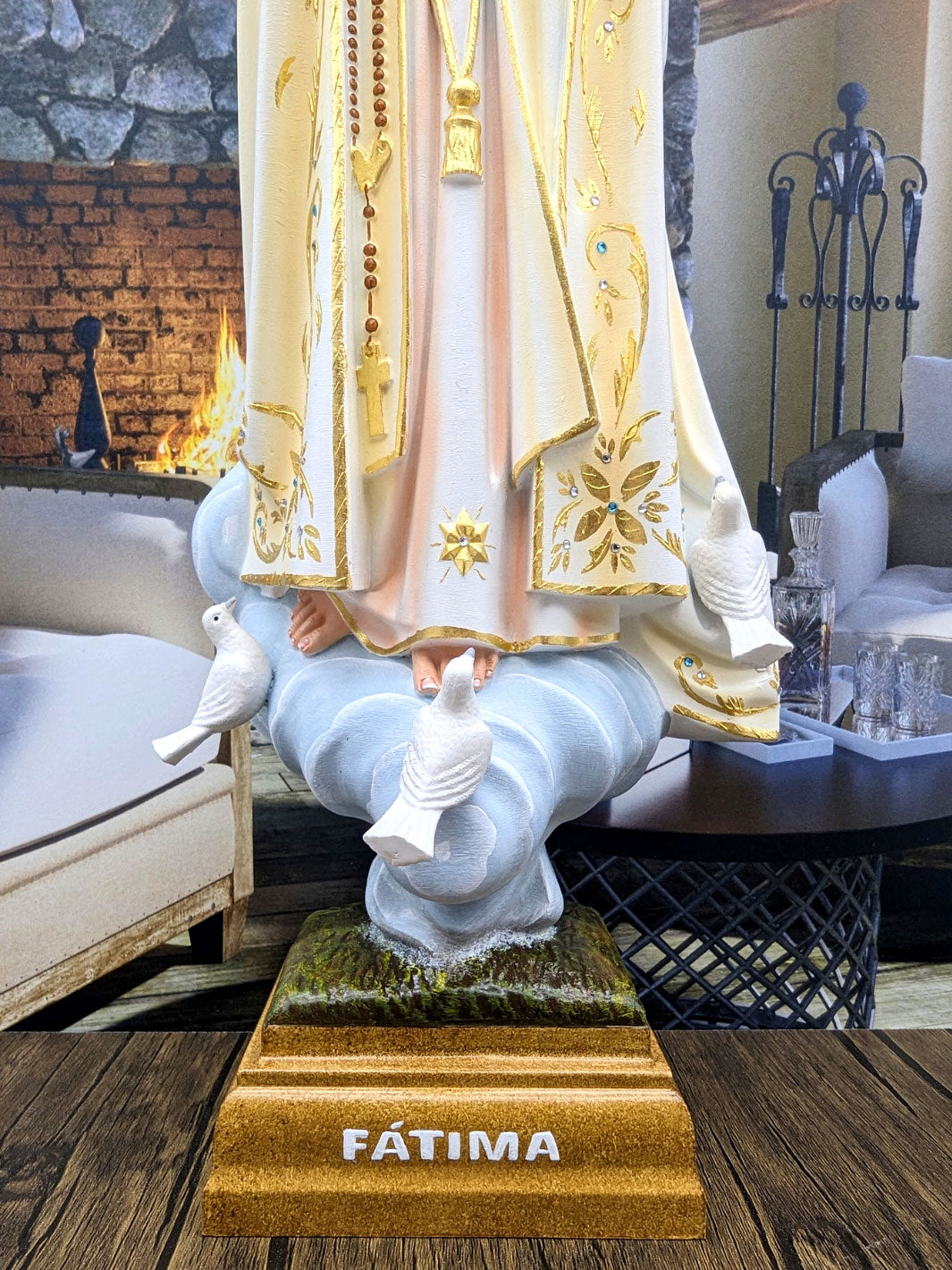 Handcrafted Our Lady of Fatima Statue with Oil Painting and Fine Gold Accents