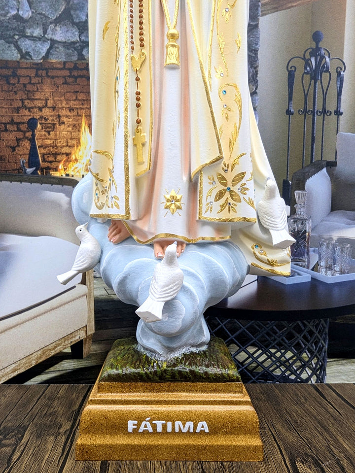 Handcrafted Our Lady of Fatima Statue with Oil Painting and Fine Gold Accents