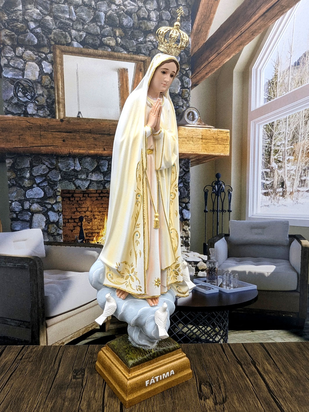 Handcrafted Our Lady of Fatima Statue with Oil Painting and Fine Gold Accents