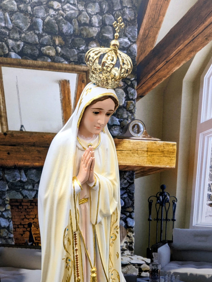 Handcrafted Our Lady of Fatima Statue with Oil Painting and Fine Gold Accents