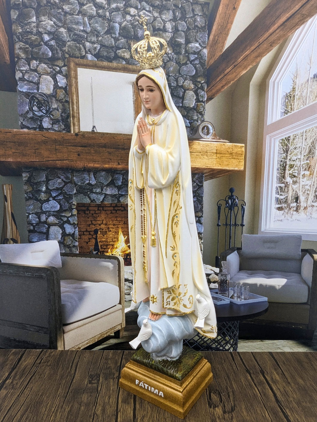 Handcrafted Our Lady of Fatima Statue with Oil Painting and Fine Gold Accents