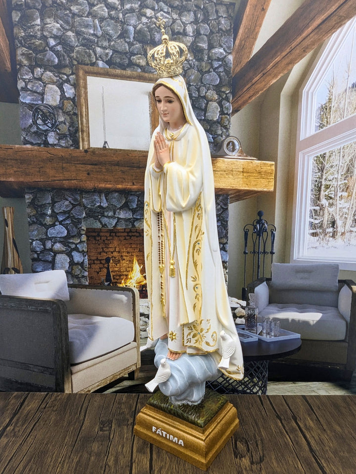 Handcrafted Our Lady of Fatima Statue with Oil Painting and Fine Gold Accents