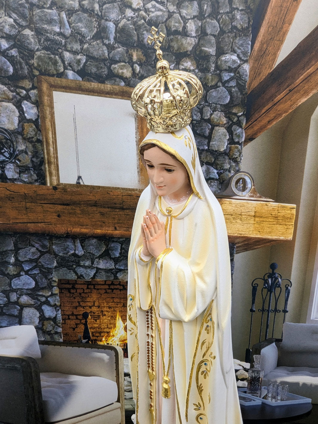 Handcrafted Our Lady of Fatima Statue with Oil Painting and Fine Gold Accents