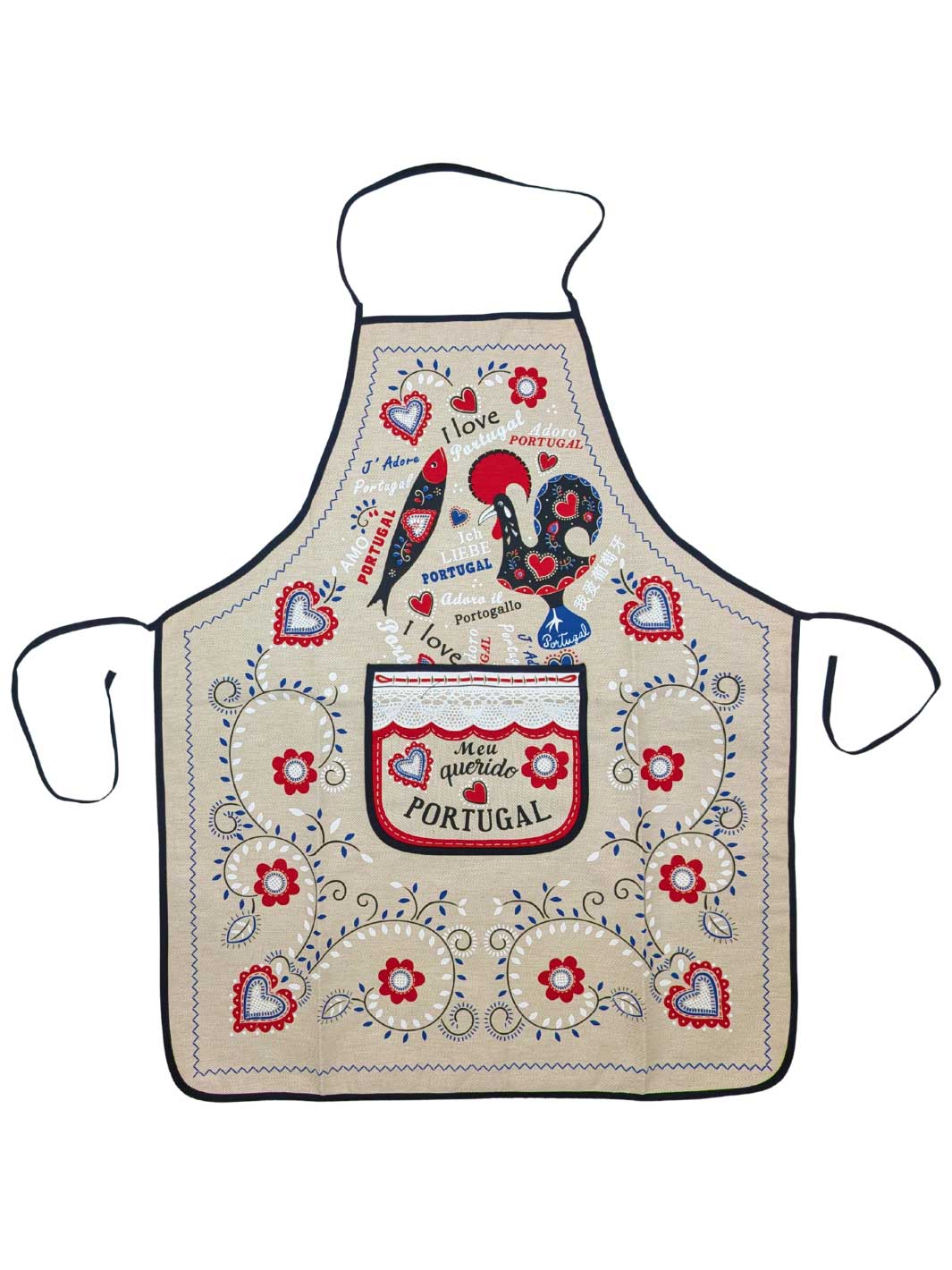 Decorative apron with rooster design and 'Portugal' text on a white background
