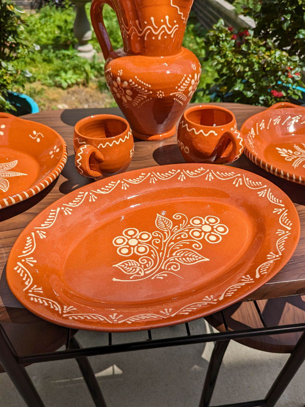 Portuguese Pottery Terracotta Glazed Clay Large Oval Serving Platter