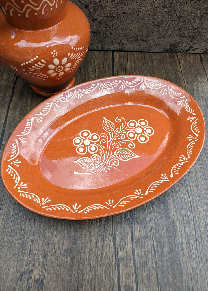 Portuguese Pottery Terracotta Glazed Clay Large Oval Serving Platter