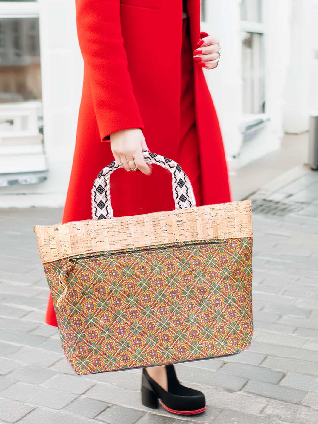Portuguese Cork Women's Tote Bag with Floral Desing