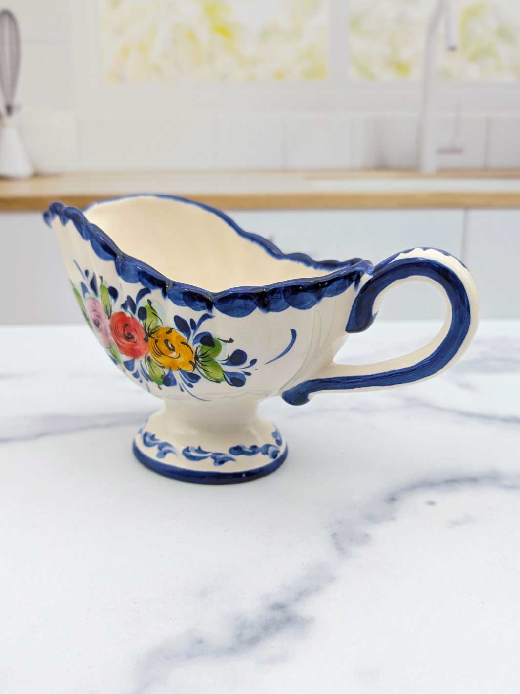 Portuguese Pottery Alcobaça Ceramic Hand-Painted Footed Gravy Boat