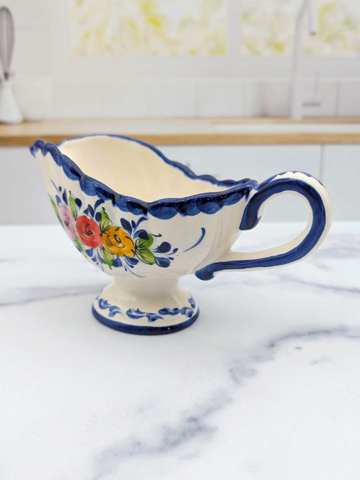Portuguese Pottery Alcobaça Ceramic Hand-Painted Footed Gravy Boat