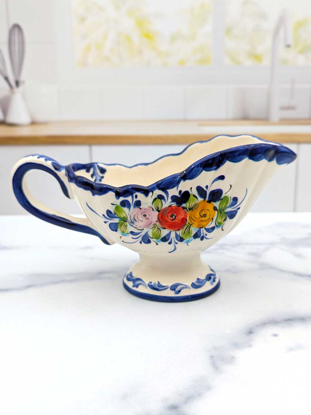 Portuguese Pottery Alcobaça Ceramic Hand-Painted Footed Gravy Boat