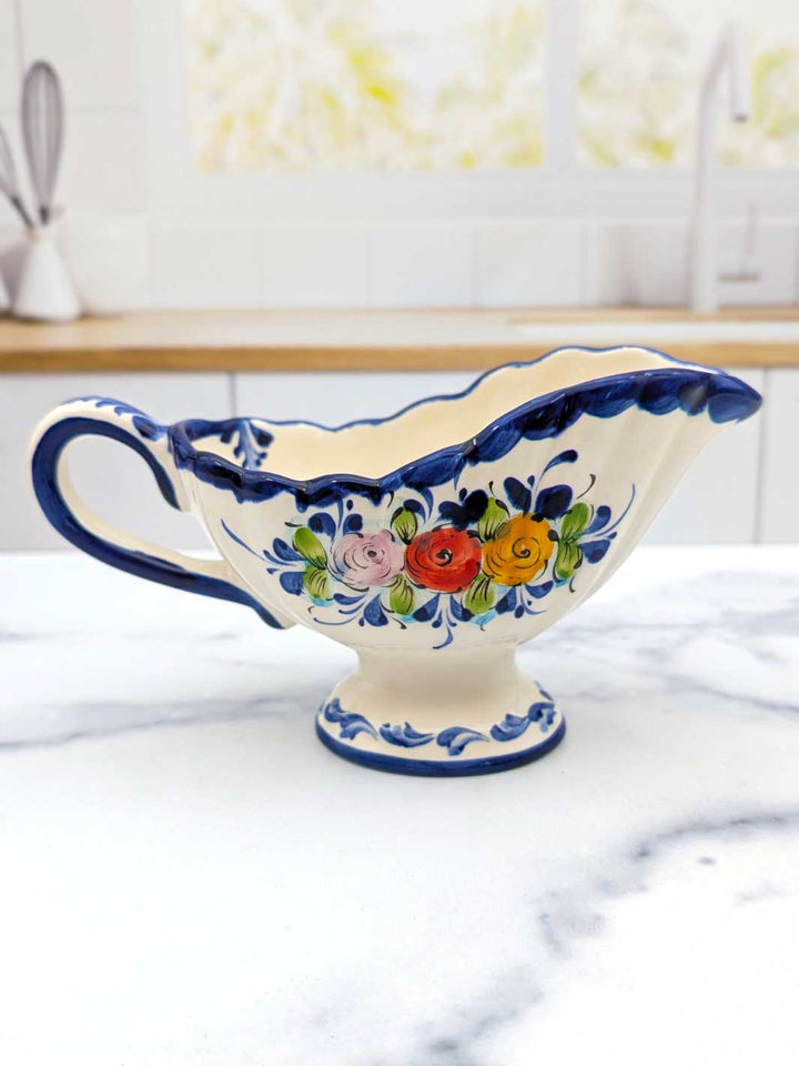 Portuguese Pottery Alcobaça Ceramic Hand-Painted Footed Gravy Boat