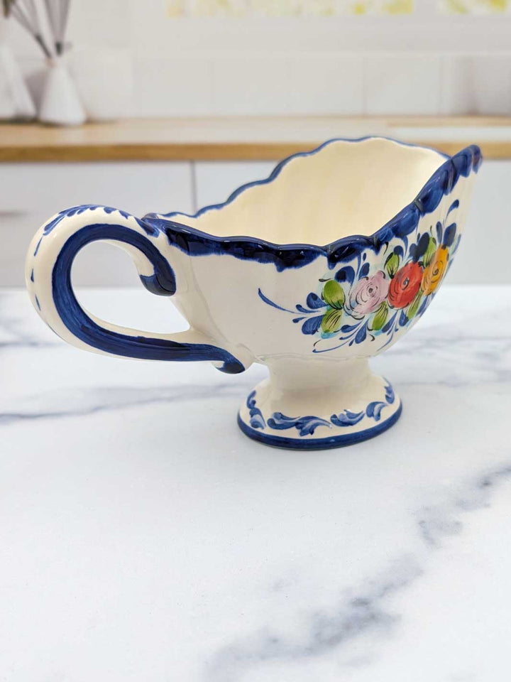 Portuguese Pottery Alcobaça Ceramic Hand-Painted Footed Gravy Boat