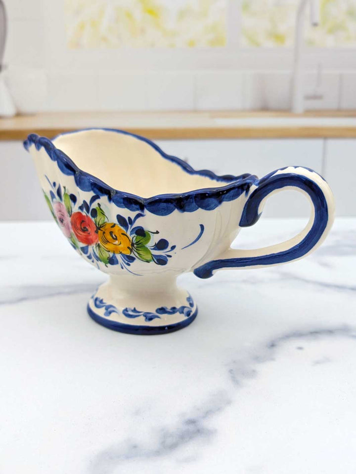 Portuguese Pottery Alcobaça Ceramic Hand-Painted Footed Gravy Boat