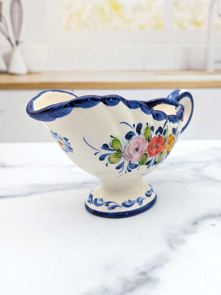Portuguese Pottery Alcobaça Ceramic Hand-Painted Footed Gravy Boat