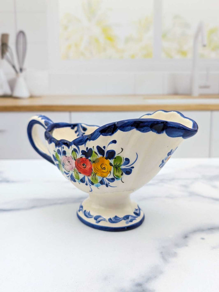 Portuguese Pottery Alcobaça Ceramic Hand-Painted Footed Gravy Boat