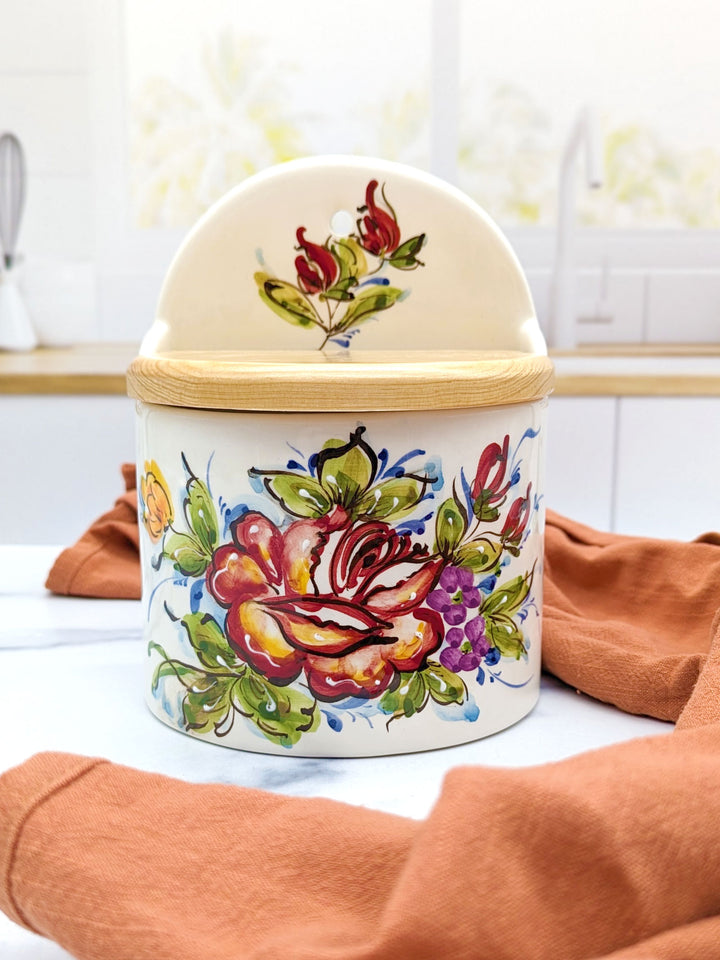 Portuguese Pottery Alcobaça Ceramic Hand-Painted Salt Holder with Lid