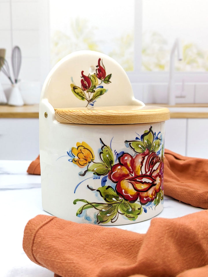 Portuguese Pottery Alcobaça Ceramic Hand-Painted Salt Holder with Lid