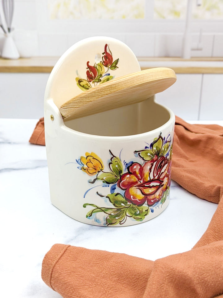 Portuguese Pottery Alcobaça Ceramic Hand-Painted Salt Holder with Lid