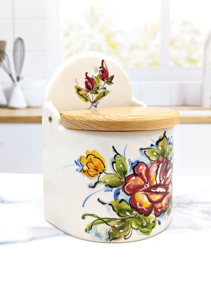 Portuguese Pottery Alcobaça Ceramic Hand-Painted Salt Holder with Lid
