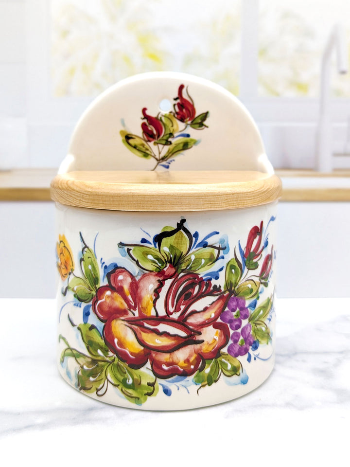 Portuguese Pottery Alcobaça Ceramic Hand-Painted Salt Holder with Lid