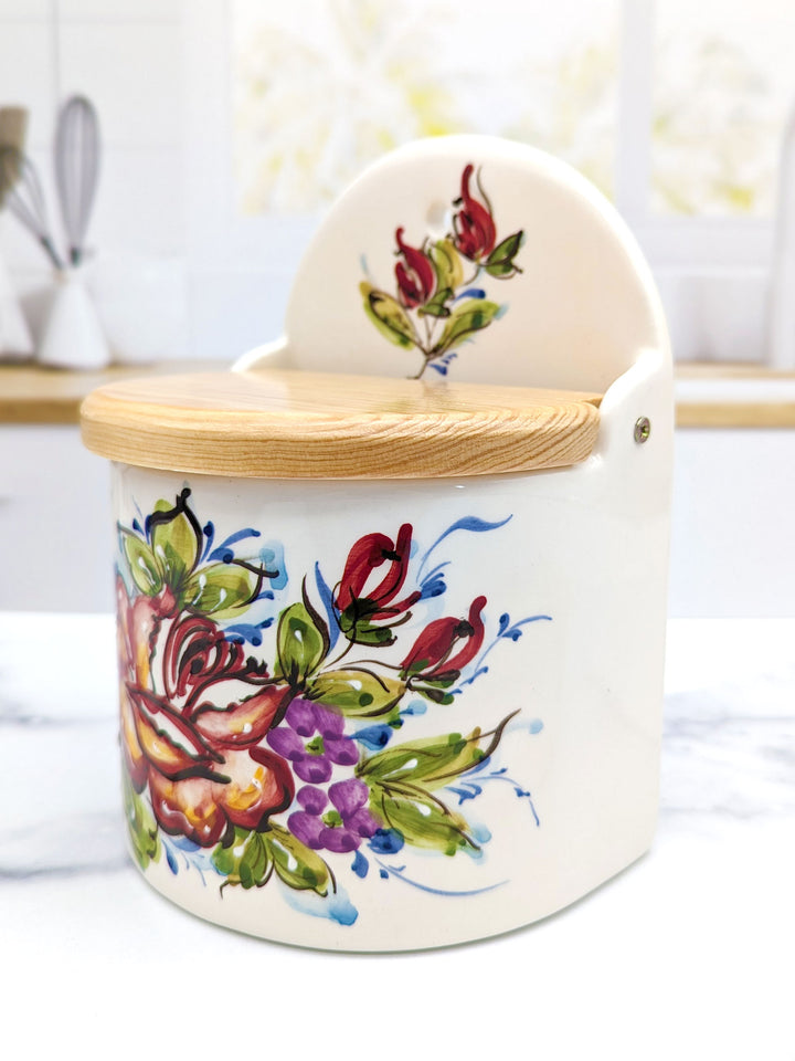 Portuguese Pottery Alcobaça Ceramic Hand-Painted Salt Holder with Lid