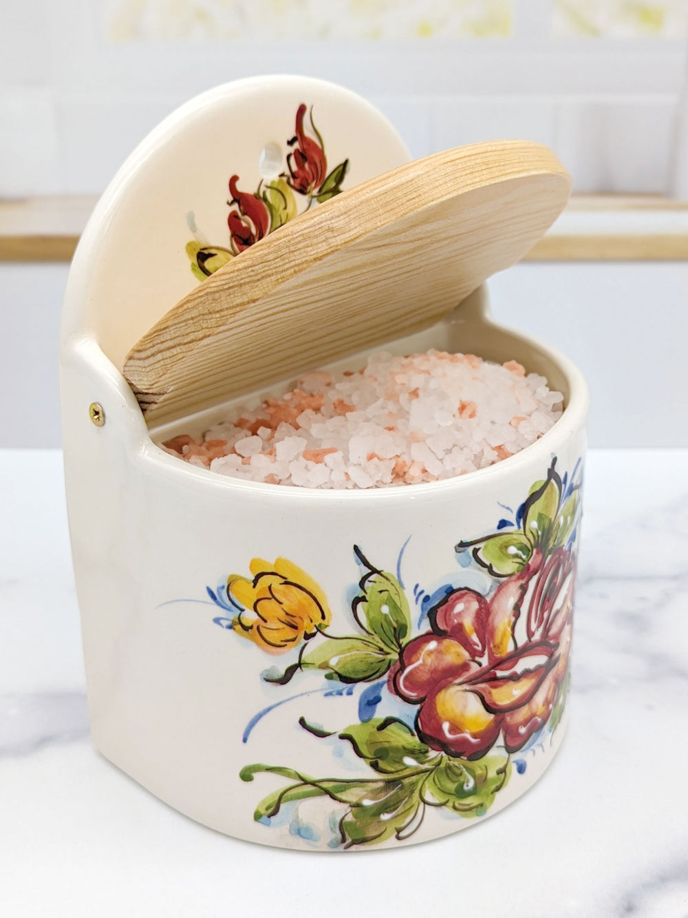 Portuguese Pottery Alcobaça Ceramic Hand-Painted Salt Holder with Lid