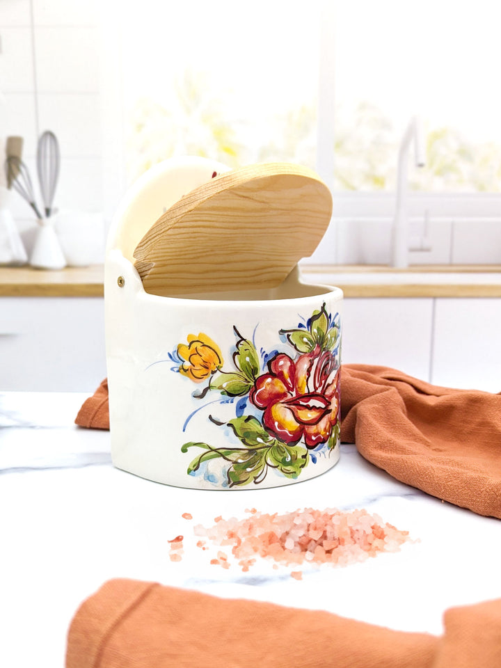 Portuguese Pottery Alcobaça Ceramic Hand-Painted Salt Holder with Lid
