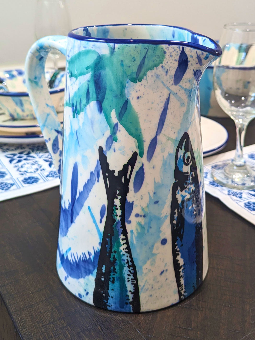 Portuguese Pottery Ceramic Pitcher - Splash Sardines