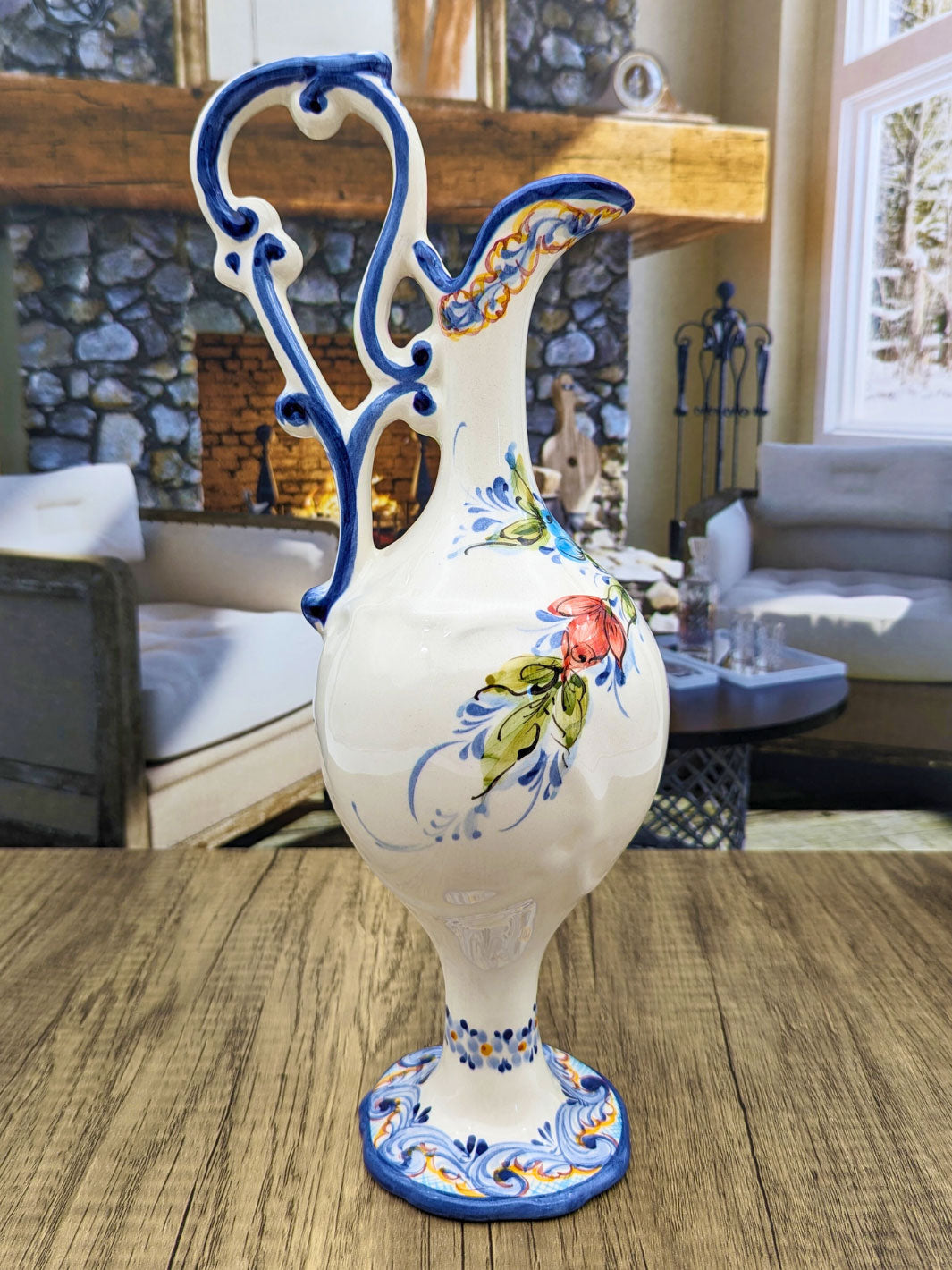 Portuguese Pottery Hand Painted Alcobaça Ceramic Floral Pitcher - Gomil