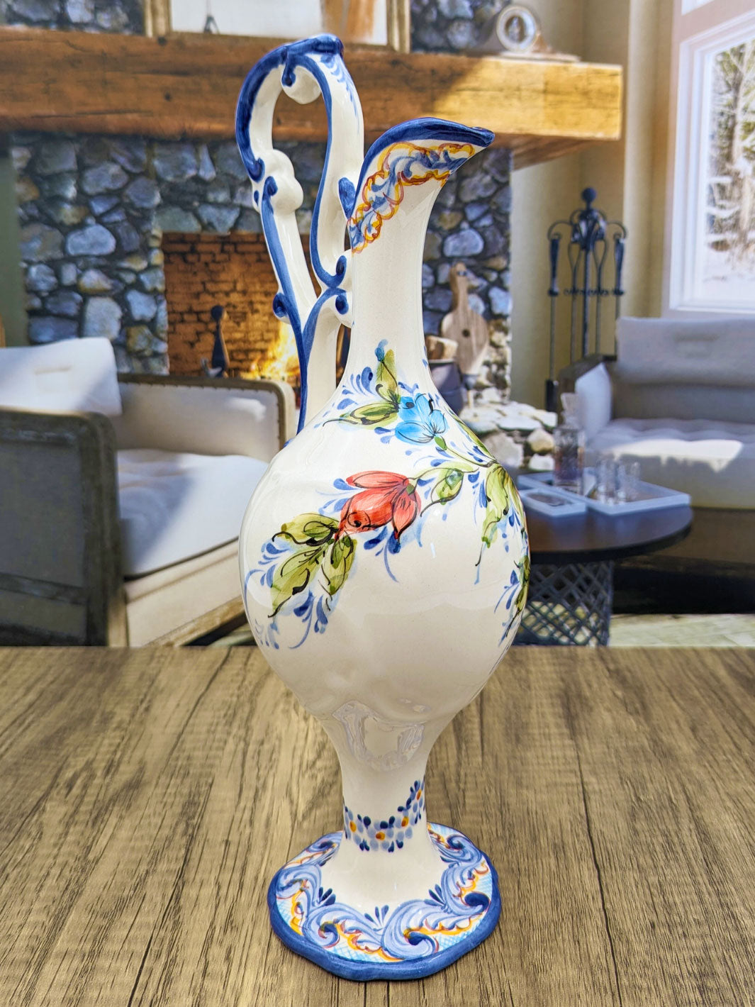 Portuguese Pottery Hand Painted Alcobaça Ceramic Floral Pitcher - Gomil