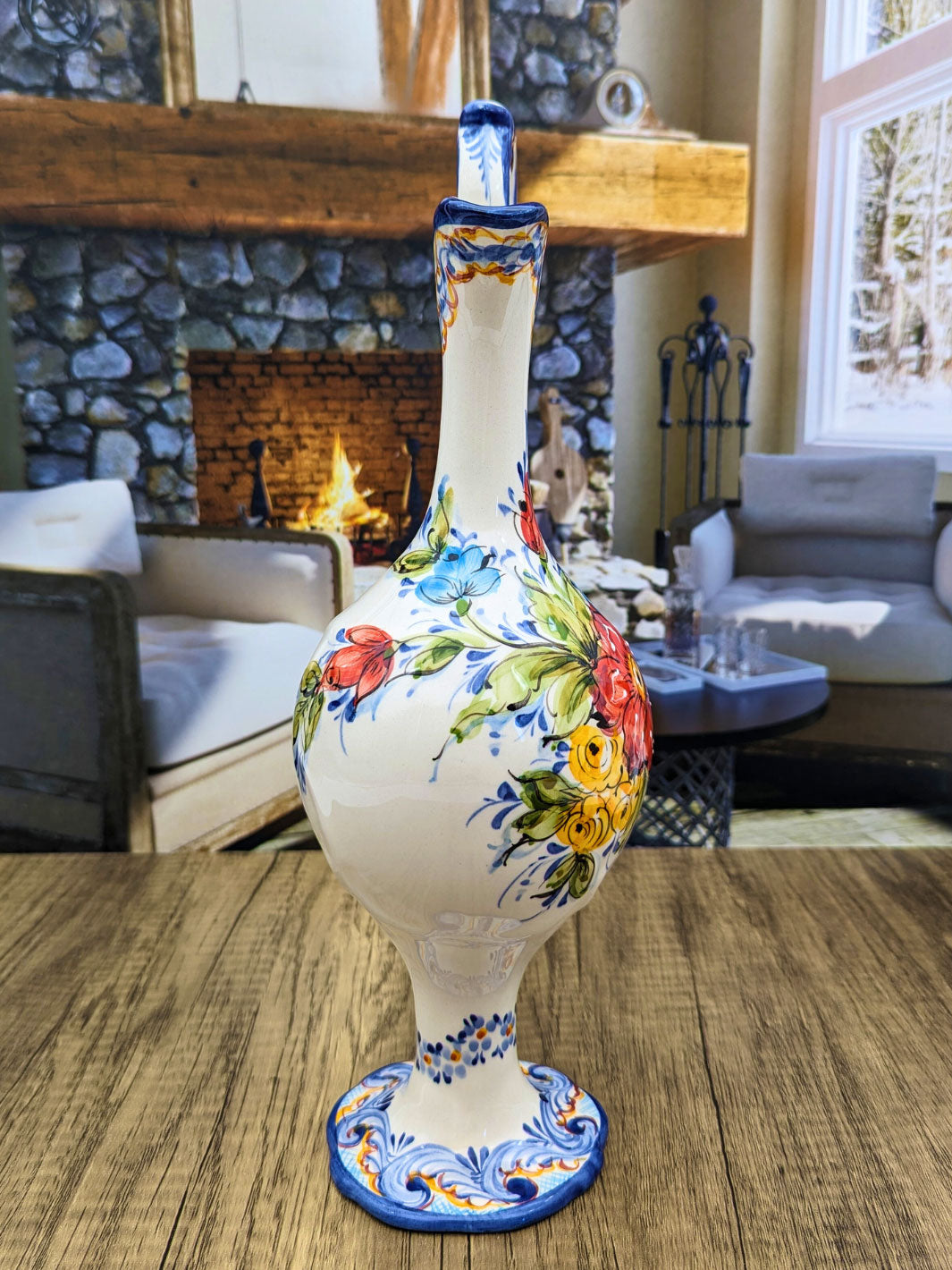 Portuguese Pottery Hand Painted Alcobaça Ceramic Floral Pitcher - Gomil
