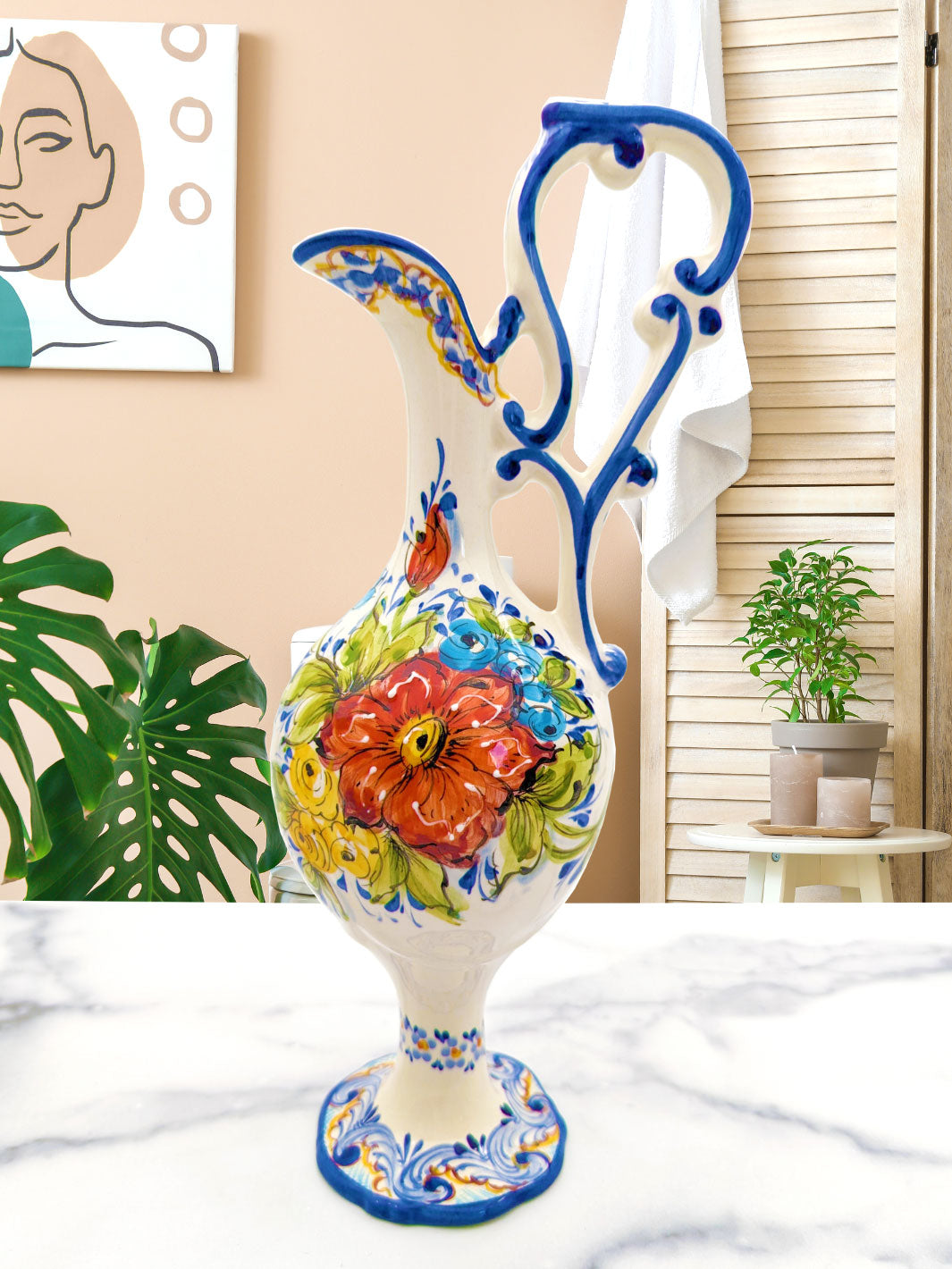 Portuguese Pottery Hand Painted Alcobaça Ceramic Floral Pitcher - Gomil