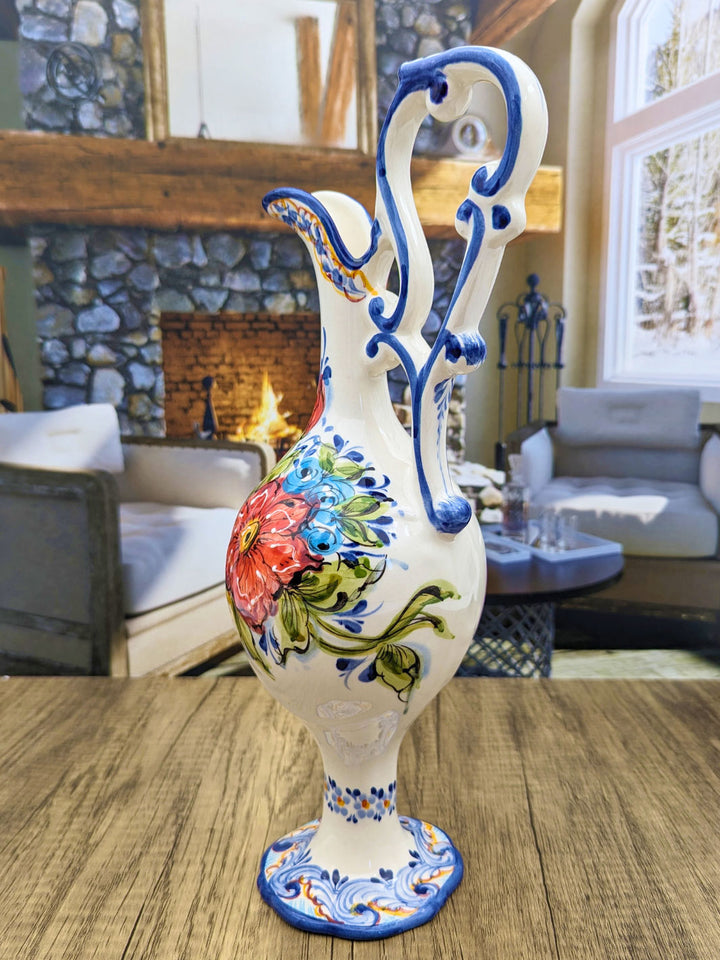 Portuguese Pottery Hand Painted Alcobaça Ceramic Floral Pitcher - Gomil